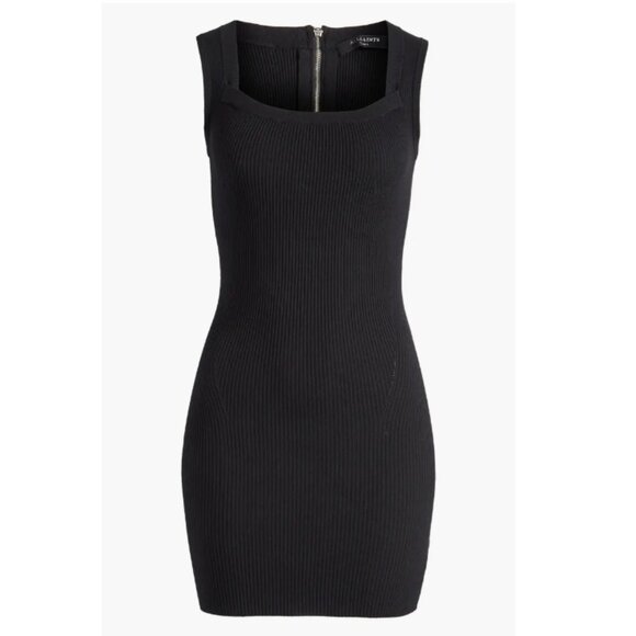 AllSaints Bardi Rib Mini Dress Black Square Neck Size Small - Picture 1 of 10